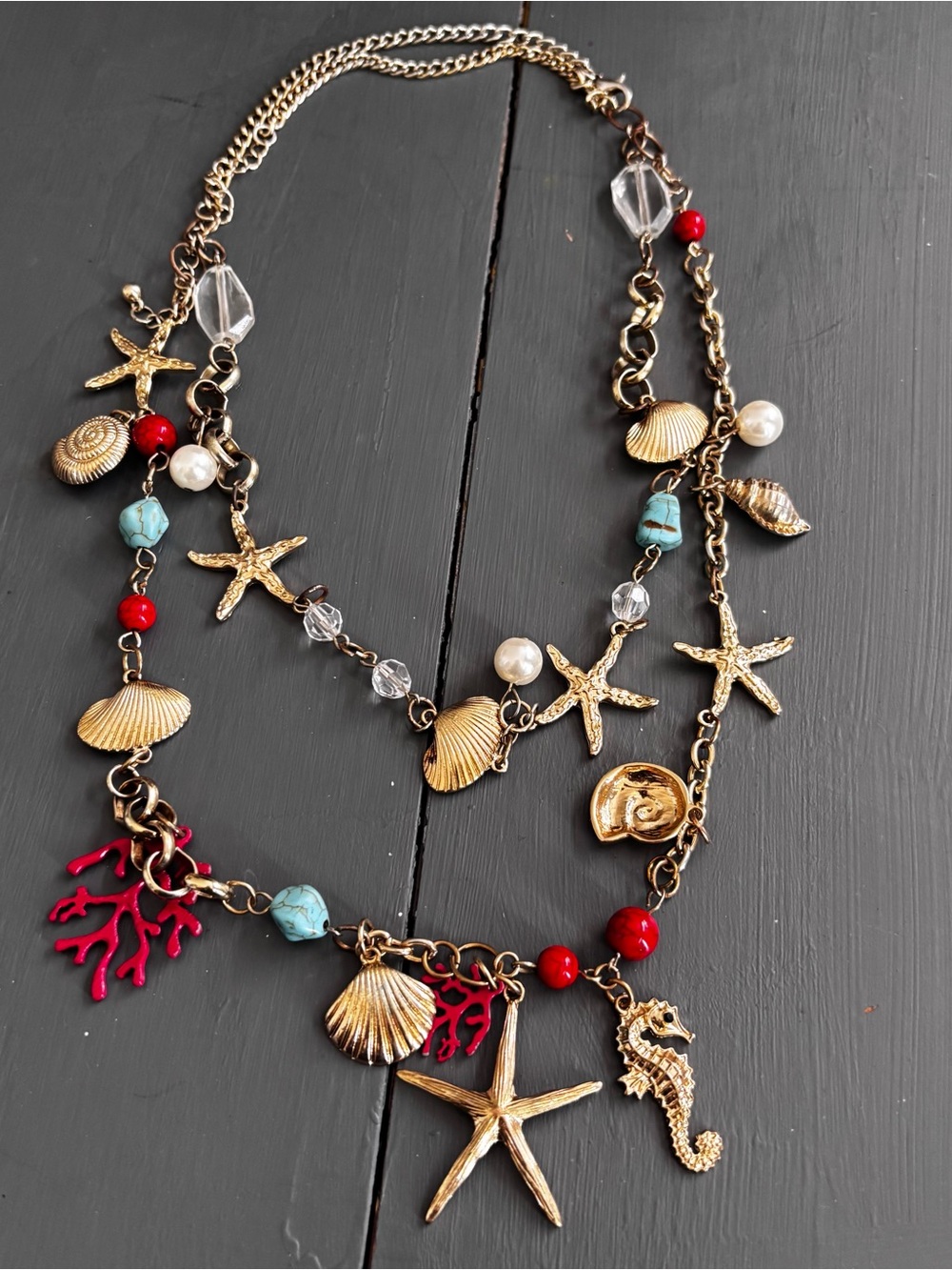 Gold-Tone Red & Turquoise Beach Charm Necklace